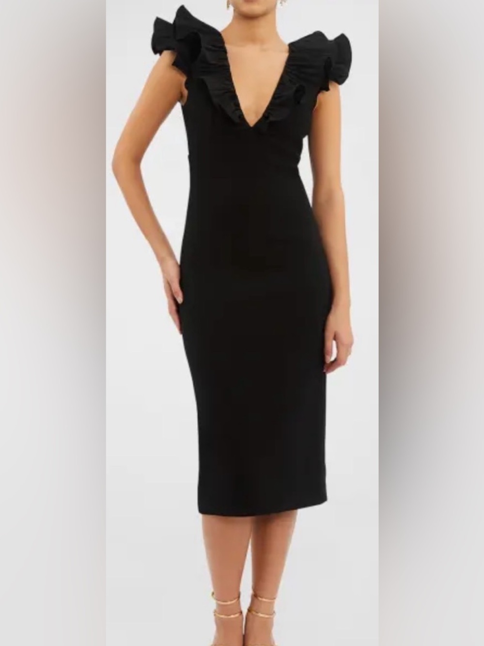 Rebecca Vallance Chloe Black Ruffle-Back Tie Midi Dress Size 6